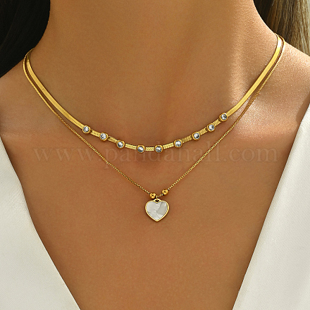 Двухслойное ожерелье из нержавеющей стали 201 с подвеской в форме сердца из натуральных ракушек и хрустальных страз для элегантных дамских вечеринок и свиданий VQ9886-1