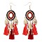 Alloy Oval Chandelier Earrings, with Glass Beads and Tassel, Golden, Red, 102x32mm
