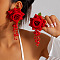 Rose Cloth with Resin Round Beaded Tassel Stud Earrings, FireBrick, 145x65mm