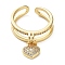 Cubic Zirconia Heart Charms Open Cuff Rings, Rack Plating Brass Rings, Cadmium Free & Lead Free, Real 18K Gold Plated, Inner Diameter: 16.8mm