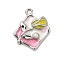 Alloy Enamel Pendants, with ABS Imitation Pearl, Rack Plating, Long-Lasting Plated, Lead Free & Cadmium Free & Nickel Free, Rhombus with Flower Charm, Platinum, Pink, 19.5x17x4mm, Hole: 1.6mm