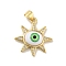 Brass Micro Pave Cubic Zirconia Pendants, with Acrylic, Cadmium Free & Lead Free, Long-Lasting Plated, Real 18K Gold Plated, Sun with Evil Eye, Green, 21x21.5x5mm, Hole: 4x3.5mm