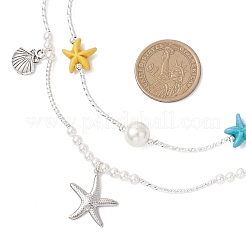 Двухслойные ожерелья из круглого жемчуга и окрашенной искусственной бирюзы с морскими звездами и латунных изогнутых трубчатых бусин&nbsp;NJEW-TA00220