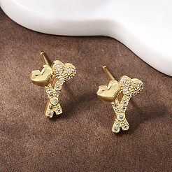 Серьги-гвоздики в форме сердца из латуни с прозрачным фианитом и прозрачным фианитом EJEW-F400-28C-G