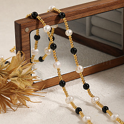 Ожерелья из натурального пресноводного жемчуга и круглого натурального черного обсидиана для женщин UY6642