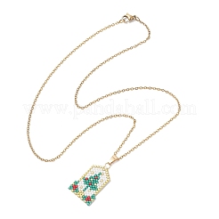 Прямоугольное ожерелье из стеклянных бусин с подвеской в виде рождественской елки из нержавеющей стали 304 для женщин NJEW-MZ00136