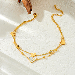 Двухслойные браслеты на лодыжку из нержавеющей стали 304 с подвеской в виде сердца из прозрачных и черных кубических цирконий и натуральной белой ракушки&nbsp;FS-WG8082B-01