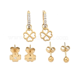 Комплект из круглых серег и клевера из нержавеющей стали 304 со стразами EJEW-Z098-13G
