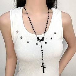 Сплав и железо анк крест сердце с крыльями летучей мыши подвеска черные круглые акриловые четки ожерелья&nbsp;LS-NJEW-D335-01BP