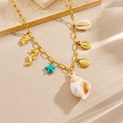 Женские ожерелья с подвеской в форме ракушки морской звезды и морского конька из нержавеющей стали 304&nbsp;NJEW-F347-01B