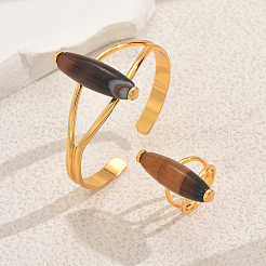 Наборы из овального натурального агата: браслет-манжета и кольца для женщин KS8152