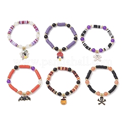 6 шт. набор браслетов ручной работы из полимерной глины с бусинами на тему Хэллоуина&nbsp;BJEW-JB12114