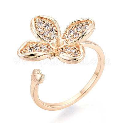 Оправы для колец-манжет из цветочной латуни с микропаве из прозрачного кубического циркония KK-T076-70G-1