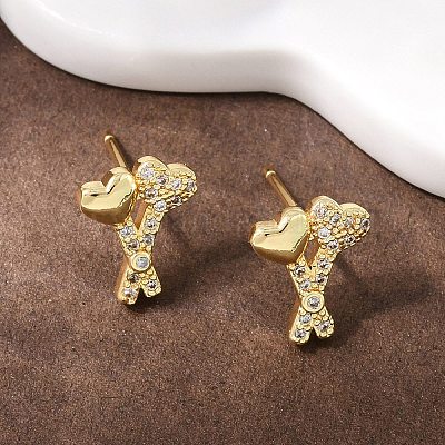 Серьги-гвоздики в форме сердца из латуни с прозрачным фианитом и прозрачным фианитом EJEW-F400-28C-G-1