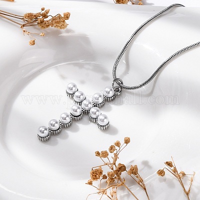 304 нержавеющая сталь и пластиковый жемчуг крест кулон круглая змея цепи ожерелья для женщин STAS-Z114-20P-1