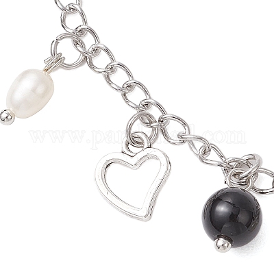 Браслеты на ногу из натурального черного агата (окрашенного и нагретого) с натуральным жемчугом и нержавеющей сталью 304 с цепочкой-кисточкой в форме сердца AJEW-AN00697-1