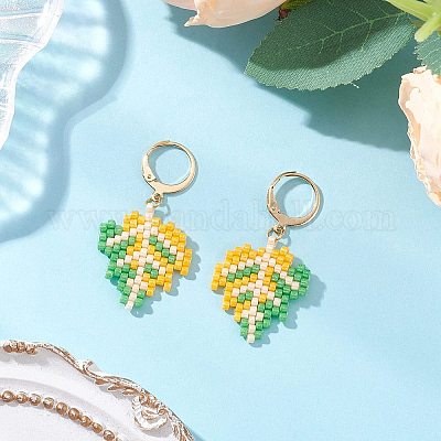 Комплекты из серег-колец и серег-гвоздиков из нержавеющей стали 304 с бусинами из стекла и листьев EJEW-MZ00536-1