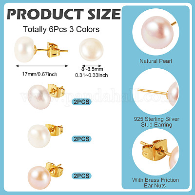 6 шт. серьги-гвоздики из натурального культивированного пресноводного жемчуга 3 цветов EJEW-TAC00027-1