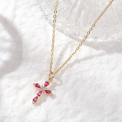 Женские ожерелья-цепочки с подвеской-крестиком из латуни и стекла 304 из нержавеющей стали NJEW-JN05545-1