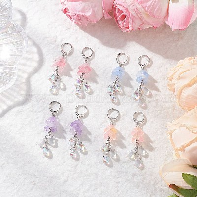 4 пара двухцветных серег-цветков из нержавеющей стали со стеклянной застежкой-капелькой EJEW-TA00704-1