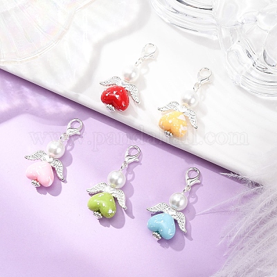 Подвеска в форме сердца ангела из акрила и стеклянного жемчуга HJEW-JM04212-02-1