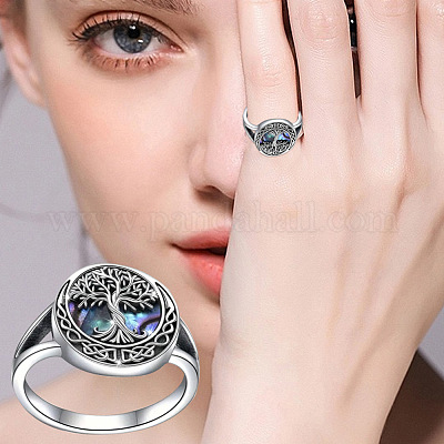 Плоские круглые с узором «дерево жизни» латунные кольца с натуральными ракушками FS-WG27692-04-1