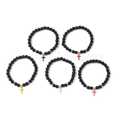 Браслеты с подвесками в виде крестиков из латуни и эмали BJEW-JB12329-1