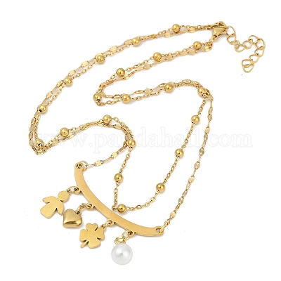 Двухслойные ожерелья из нержавеющей стали 304 и искусственного жемчуга в форме клевера в форме сердца для женщин NJEW-V004-02G-1