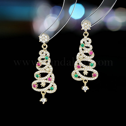 Серьги-гвоздики с подвесками из латуни с микропаве из кубических цирконий в виде рождественских елок EJEW-C165-01G-1