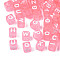 Transparent Acrylic Beads, Cube with White Random Mixed Letters, Pink, 6x6x6mm, Hole: 3.5mm