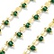 Glass Link Chains, with Brass Chains, Long-Lasting Plated, Lead Free & Cadmium Free, Rack Plating, Real 18K Gold Plated, Soldered, with Spool, Green, 5.5x3x0.5mm