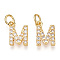 Brass Micro Pave Clear Cubic Zirconia Charms, Cadmium Free & Nickel Free & Lead Free, with Jump Rings, Real 18K Gold Plated, Letter, Letter M, 11.5x8x2.5mm, Hole: 3mm