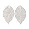 Alloy Big Pendants, Hollow Leaf Charms, Platinum, 60x33x0.5mm, Hole: 2.5mm