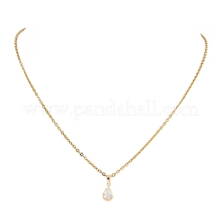 Женские ожерелья-цепочки из нержавеющей стали 304 с подвеской в виде капли из латуни и прозрачного стекла NJEW-JN05420