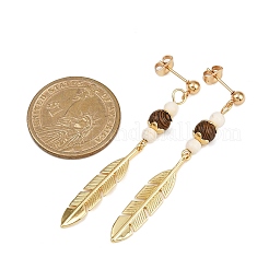 Серьги-подвески из натурального дерева венге с перьями&nbsp;EJEW-JE06620