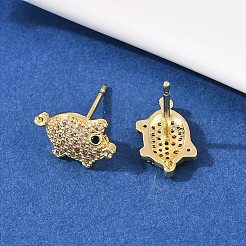 Серьги-гвоздики в форме свиньи с микропаве из прозрачных кубических цирконий из латуни&nbsp;EJEW-F400-07G