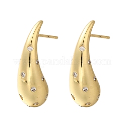 Серьги-гвоздики из латуни с микропаве из прозрачного кубического циркония с покрытием в виде капли&nbsp;EJEW-H143-18G