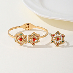 Комплекты из цветочных браслетов и колец из латуни с цветочными стразами для женщин BS9812
