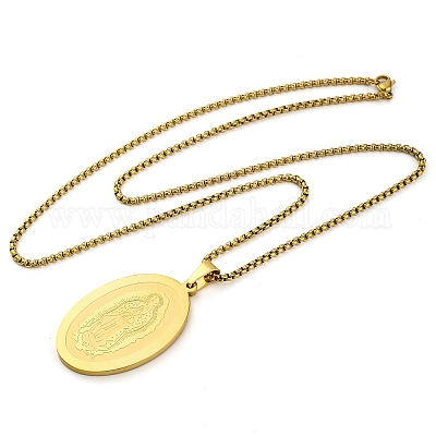 Овальное ожерелье из нержавеющей стали 201 с подвеской в виде Девы Марии NJEW-S007-02G-1