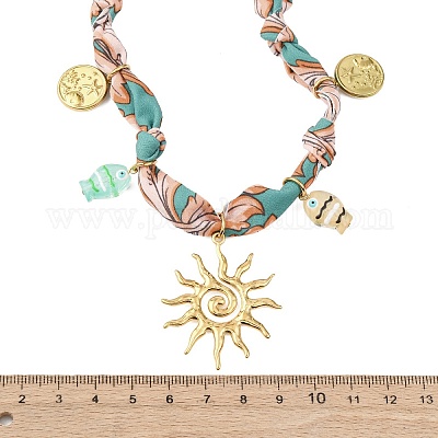 Женские шарфы-ожерелья из полиэстера с подвеской в виде рыбы и солнца из нержавеющей стали 304 и смолы NJEW-D340-03G-1