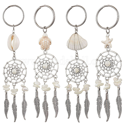 2 комплект брелоков из сплава в тибетском стиле с натуральными ракушками и синтетической бирюзой KEYC-SP0001-33-1
