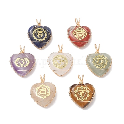 7 шт. 7 стиля чакра натуральный тигровый глаз & содалит & красная яшма & кварцевый кристалл & зеленый авантюрин & аметист & красный авантюрин подвески в виде сердца из медной проволоки PALLOY-JF03044-1