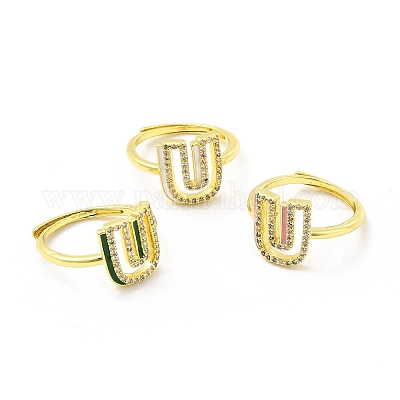 Регулируемое кольцо с инициалами из разноцветной эмали и прозрачным кубическим цирконием RJEW-P045-01G-U-1