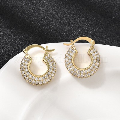 Латунные плоские круглые серьги-кольца с микропаве из прозрачных кубических цирконий EJEW-K318-04B-G-1