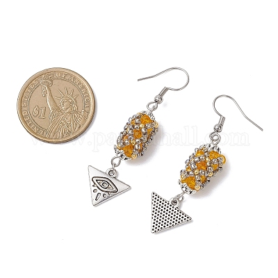 Серьги-подвески в форме треугольного глаза из гальванического стекла и круглого бисера Toho EJEW-MZ00635-1