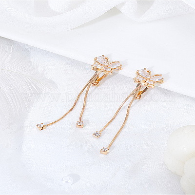 1 пара серег-клипс в виде бабочки из латуни с прозрачным кубическим цирконием и кисточками&nbsp;EJEW-LP0007-070-1