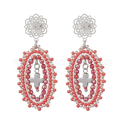 Серьги-гвоздики с овальным крестом из стеклянного бисера EJEW-MZ00595-01-1