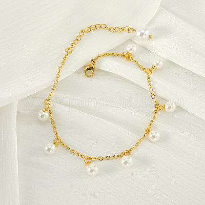 Пластиковые браслеты на ногу с имитацией жемчуга белого цвета с круглыми кисточками из нержавеющей стали 304 для женщин FS-WG0F4BB-01-1