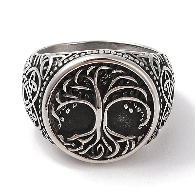 Перстни-печатки из нержавеющей стали 304 с круглыми печатками с изображением дерева жизни для мужчин RJEW-U005-20A-02-1