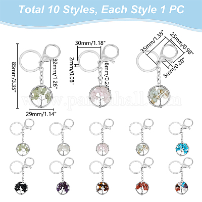 10 шт. 10 стиля плоских круглых брелоков с драгоценными камнями в форме дерева жизни KEYC-UN00002-1